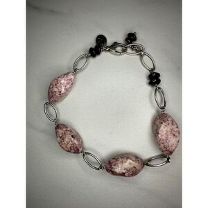 K Sterling Silver 925 Marbled Purple Stone & Garnet Beaded Link Bracelet 8.5"